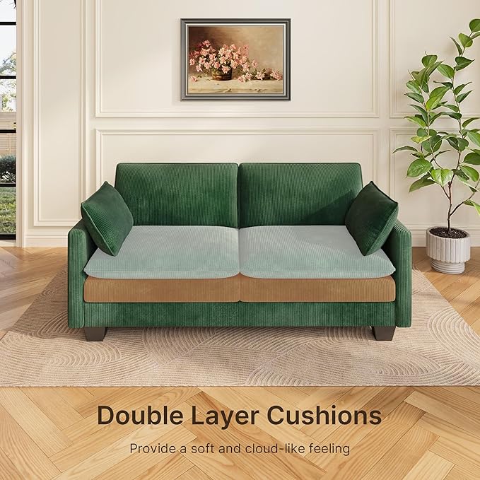 Gizoon 75” Small Cloud Loveseat Couches for Living Room, 2 Seater Love Seat Sofa with Comfy Deep Seat, Small Washable Couches with Removable Corduroy Cover for Apartment, Green