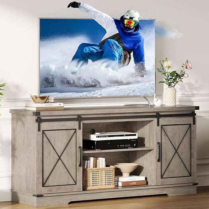 GarveeHome Farmhouse TV Stand for TV up to 65 in and Entertainment Center with Sliding Barn Doors and Adjustable Shelf, Tv Media Console Table with Storage Cabinet for Living Room, Bedroom, Grey