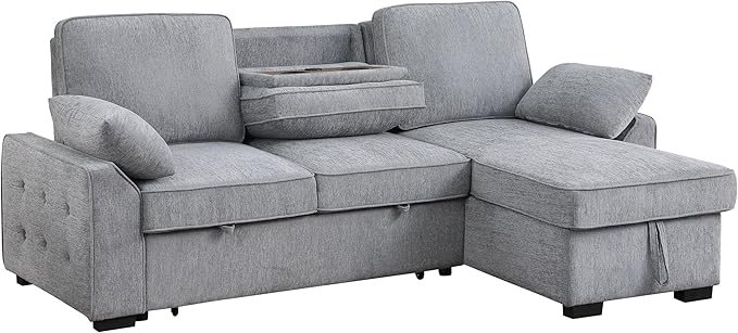 ERYE L-Shaped Pull Out Sleeper Couch Bed, Modern Chenille Upholstered Button Tufted Corner Couch Reversible Sectional Sleeper Sofa Bed W/Storage Chaise, Cup Holders