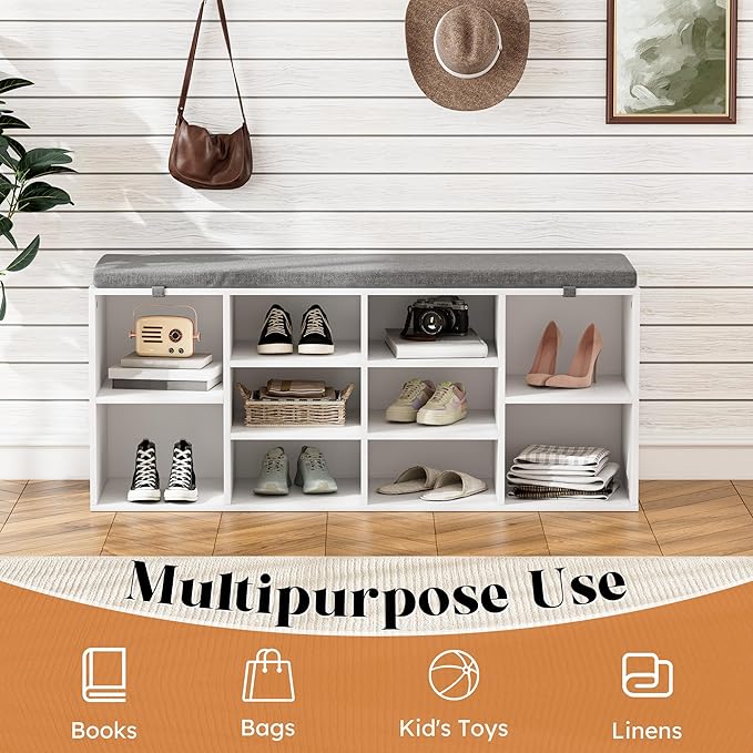 Shoe Bench, Storage Bench with Padded Seat, 10 Cubbies Storage Entryway Bench, for Living Room, Bedroom, Hallway,White