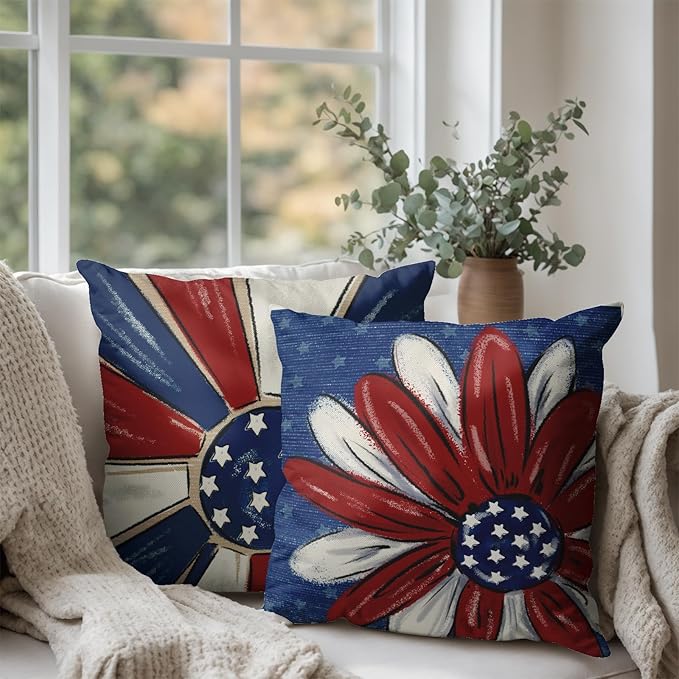 4th of July Outdoor Pillow Covers 18x18 Set of 2 Patriotic Stars Fireworks Throw Pillow Covers Independence Memorial Day Red White Flower Decorative Cushion Cases for Couch Sofa