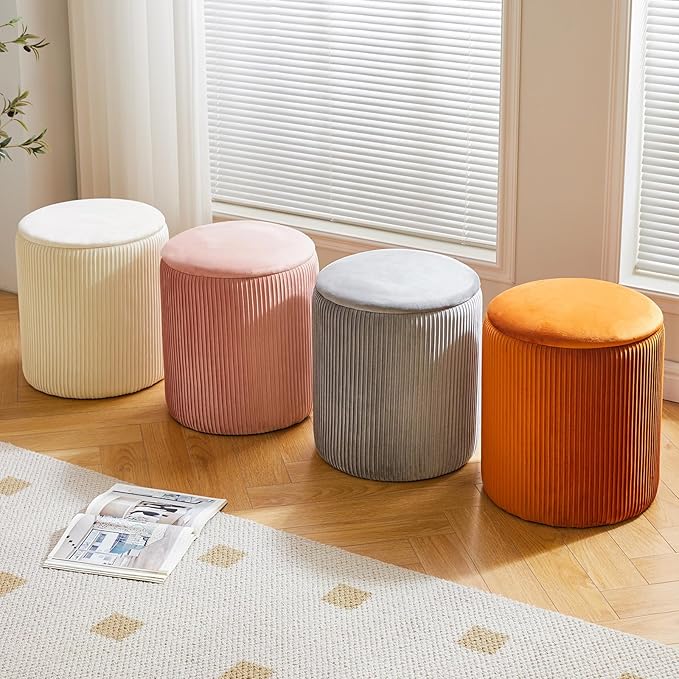 IBUYKE Round Ottoman with Storage Set of 2 Boucle Ottoman End Table for Living Room Vanity Stool Velvet Footrest Stool Bar Stool White UWBD005W