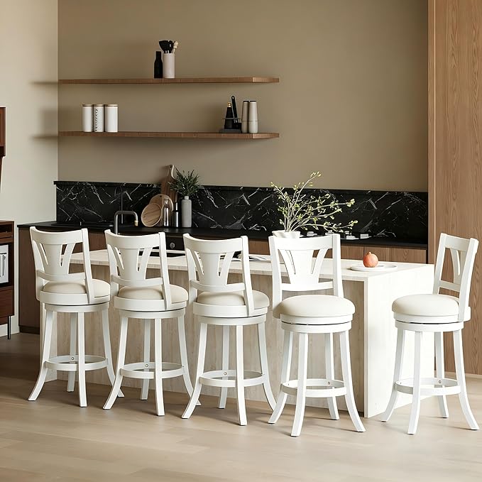 Swivel Bar Stools Set of 3,26 Inch Counter Height Barstool with Silent Rotation, High-Density Foam Cushion, Solid Wood Frame, Footrest & Anti-Slip Pads for Kitchen Islands and Home Bars (White)