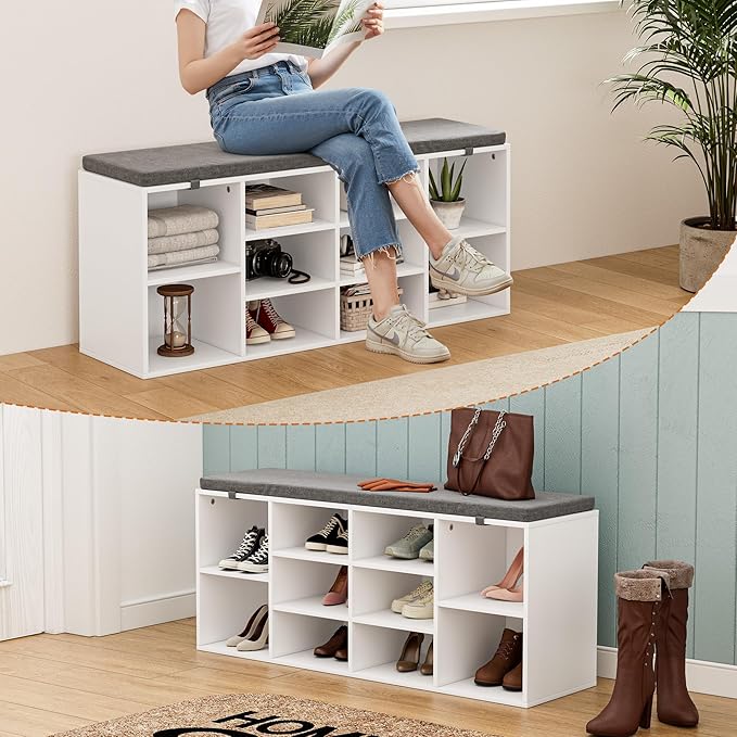 Shoe Bench, Storage Bench with Padded Seat, 10 Cubbies Storage Entryway Bench, for Living Room, Bedroom, Hallway,White