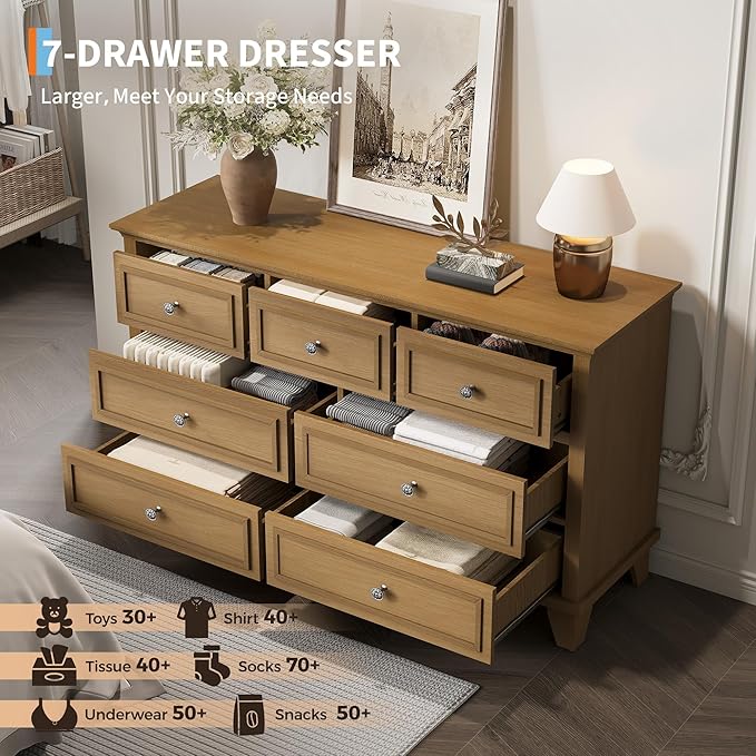 GAOMON Brown Dresser, 7 Drawer Dresser for Bedroom, 47" W Chest of Drawers with Deep Drawers, Closet Dressers with Metal Handle, Thickened Desktop, Wood Rustic Drawers for Hallway, Entryway, Closet