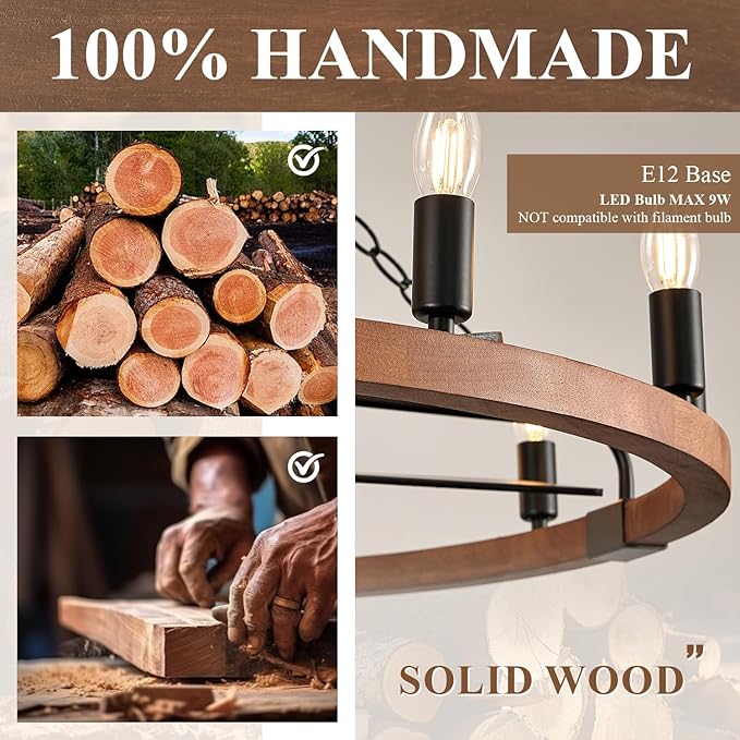 36in Wooden Wagon Wheel Chandelier Fans with Remote Control 12-Light Rustic Ceiling Fan Lights Farmhouse Bladeless Fandelier for Bedroom Dining Room Kitchen Living Room