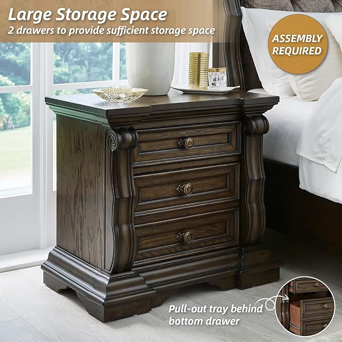 Signature Design by Ashley Maylee Classic 2 Drawer Nightstand with Pull-Out Tray, Power Supply and USB Ports, 29.5" Tall, Dark Brown