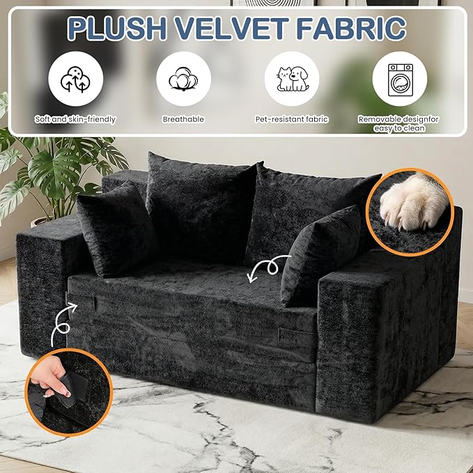 Boneless Loveseat Sleeper Sofa Bed, 3-in-1 Convertible Sofa Bed and Floor Futon Couch (Velvet-Black, Loveseat (55"))