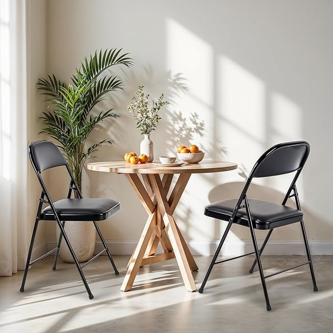Simple Deluxe Dining Chairs Set of 2, Leather Cushion Foldable Modern Kitchen Side Chair with Padded Back& Metal Legs, Upholstered Dinner Seat Gift for Home/Living Room/Bedroom/Restaurant, Black