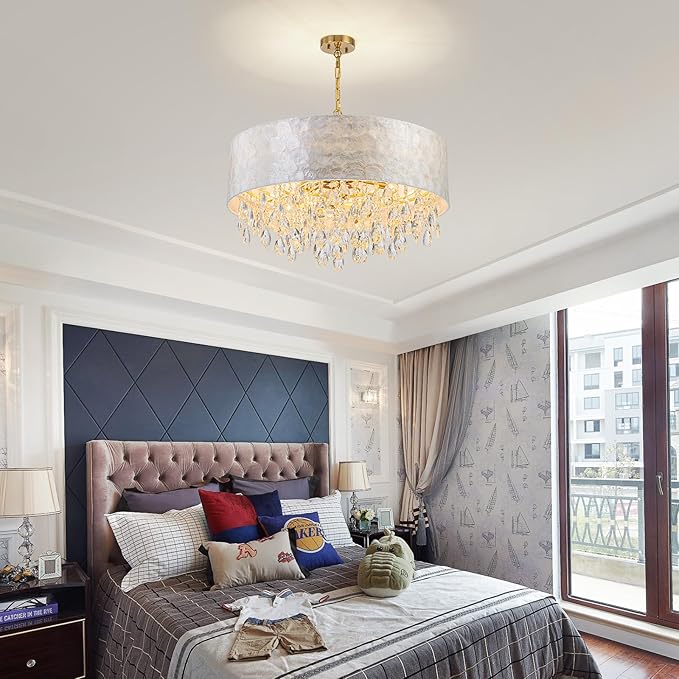 8-Light Drum Capiz Shell Crystal Chandeliers, Coastal Style Pendant Light Fixture for Dining Room, Living Room, D24 x H23~71 inch(Adjustable), Shell Lampshade & Gold Finish