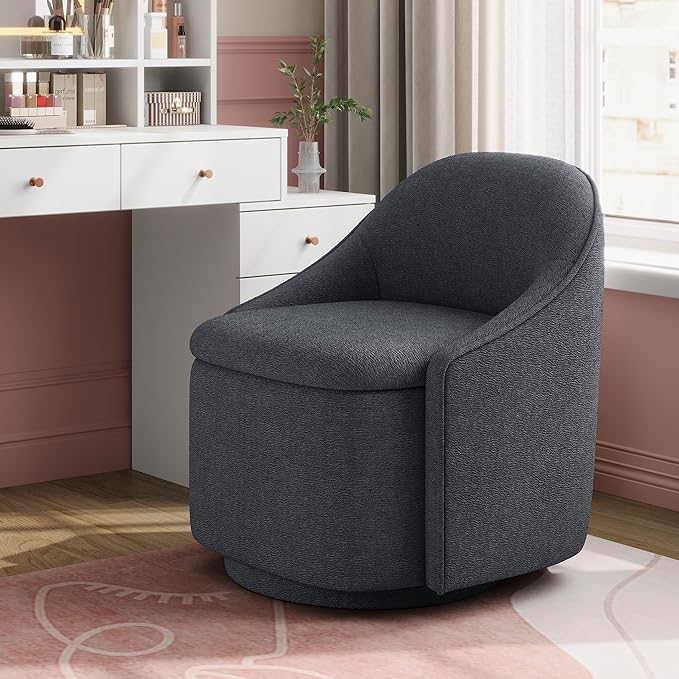 LINSY Swivel Accent Chair with Storage Comfy Chenille Barrel Chairs, Small 360 Swivel Modern Armchair for Living Room Bedroom, Boucle Reading Chair for Study Room (Grey)