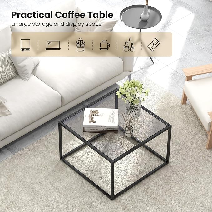 Giantex 27.5" Square Coffee Table - Tempered Glass Center Table w/Metal Frame, Modern Accent Table for Small Space, Living Room, Home, Office, Easy Assembly (1-Tier, Gray)