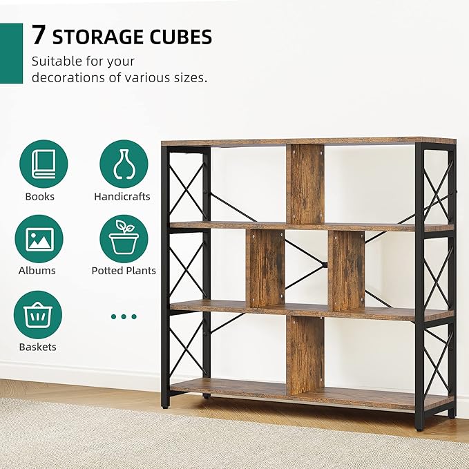 YITAHOME 4 Tier Bookshelf, Free Standing Cube Bookcases and Bookshelves, Industrial Furniture Wide Display Cabinet Open Storage Book Shelf for Living Room Bedroom Home Office, Rustic Brown