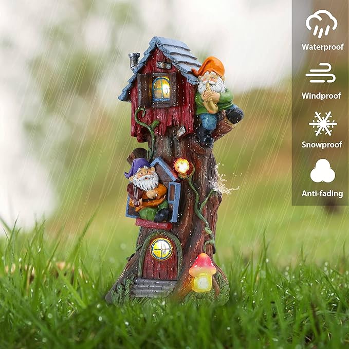 TERESA'S COLLECTIONS 11" Tall Large Garden Statues Gnome Treehouse with Solar Outdoor Light, Dad Gifts for Men,Resin Garden Decor Lawn Ornaments for Patio Yard Decor Gifts for Dad and Mom