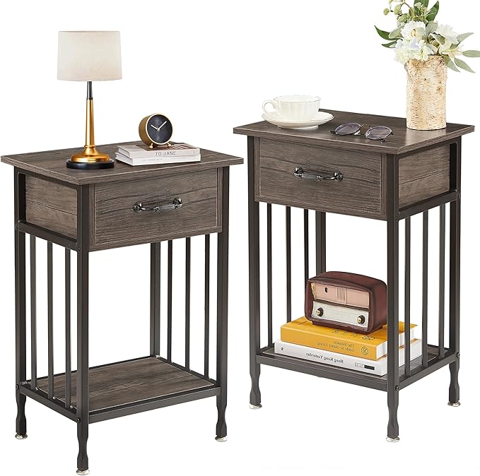VECELO Night Stand Set 2 with Drawer and Storage Shelf,15.7x11.8x23.6 inches Bedside Table End Table,Wood Nightstands for Bedroom, Living Room,Sofa,Gray,2 Sets