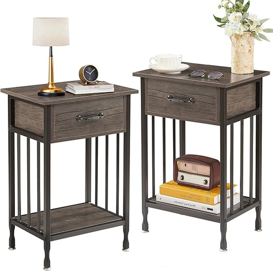 VECELO Night Stand Set 2 with Drawer and Storage Shelf,15.7x11.8x23.6 inches Bedside Table End Table,Wood Nightstands for Bedroom, Living Room,Sofa,Gray,2 Sets