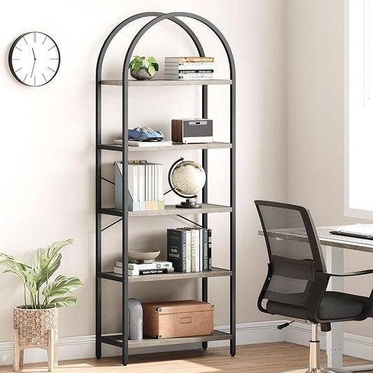 CABIHOME Bookshelf Tall Bookcase Arched Standing Bookshelves Modern Display Racks 5 Tier Storage Rack Shelf Large Wood Book Shelf for Bedroom, Living Room, Home Office