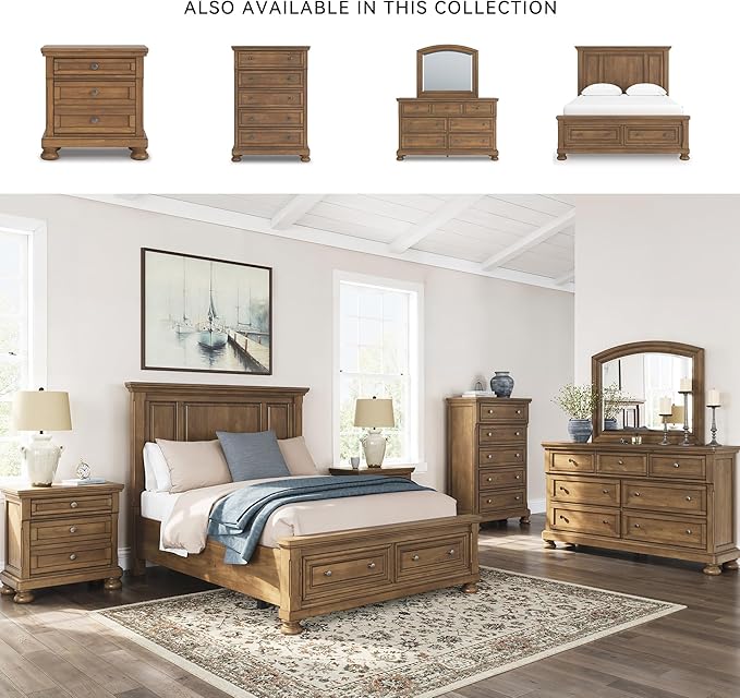 Signature Design by Ashley Glarrison Classic 3-Drawer Nightstand with Felt-Lined Top Drawer and Pull-Out Tray, Poplar Wood, Pine Veneer, Metal Knobs with Pewter-Tone Finish, 29.88" High, Light Brown