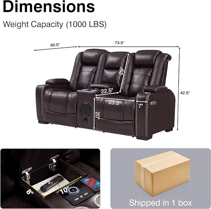 THSUPER Brown Leather Power Recliner Loveseat with Arm Storage and Bluetooth Speaker, Theater Seating Leather Living Room Reclining Loveseat with Cup Holders and Wireless Charging. | Breathable material, LED ambient light, USB and Type-C port, In a box...