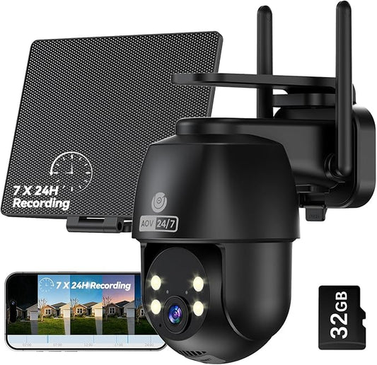 MUBVIEW 24/7 Continuous Recording Wireless Outdoor Security Camera, 2.4G WiFi, 2K Solar Powered, 360° PTZ, Auto Tracking, SD Included, Optional Cloud Storage, AI Detection, Night Vision(Black,1 Pack)