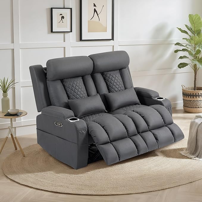 2-Piece Power Reclining Sofa Set, 3-Seater Sofa with Drop-Down Console & 2-Seater Loveseat, Zero Wall Hugger Electric Recliner Couch with Adjustable Headrest, AC Outlets (Gray, Loveseat)