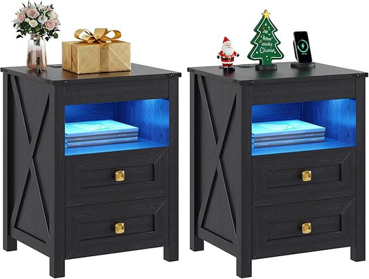 Night Stand Set 2 with Gun Drawer, Farmhouse Bedside Table with Charging Station, Gun Nightstand with LED Light & Human Sensor, Smart End Table for Bedroom, Black