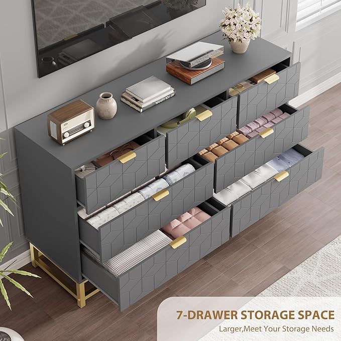 GAOMON Dresser for Bedroom, 53.5" Wide Dresser Organizer, 7 Drawer with Golden Metal Handle and Legs, Modern Chest of Drawers for Closet, Hallway, Living Room, Entryway, Grey