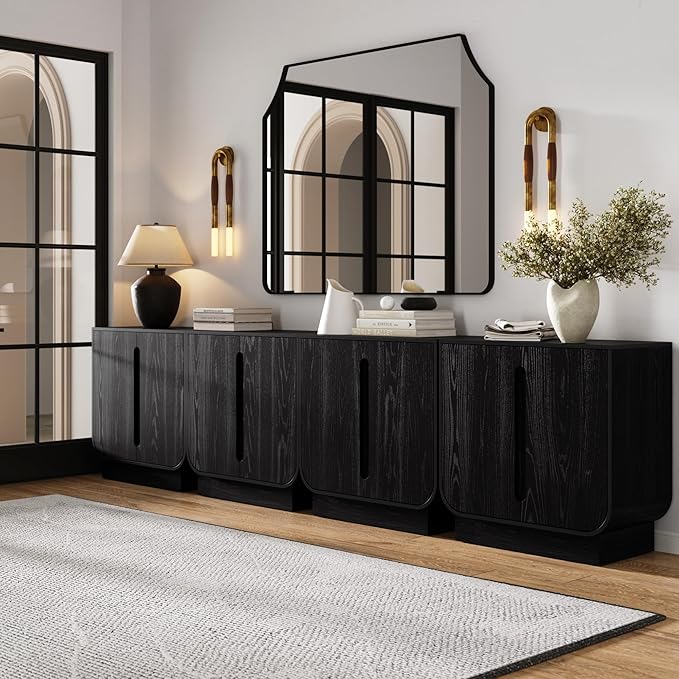 Nathan James Joey Mid Century Modern Storage Cabinet, Arched Accent Cabinet with Rounded Bottom Edges and Integrated Door Pull Cutouts, Black Oak Set of 4