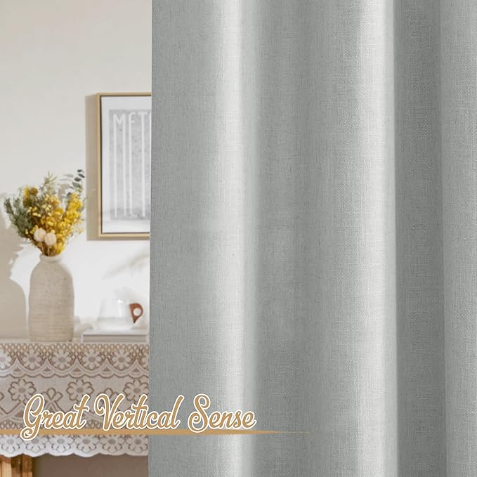 NICETOWN Linen Light Gray Curtains for Kids Room, Rod Pocket & Back Tab Top Flax Linen Weave Semi Sheer Window Treatments Privacy with Light Filtering for Living Room, W52 x L90, 2 Pieces
