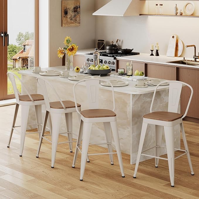 Andeworld Metal Bar Stools Set of 2, 30 inch Bar Height Barstools with Backs Farmhouse Modern High Back Bar Stools with Larger Seat Kitchen Dining Bar Chairs,Off White