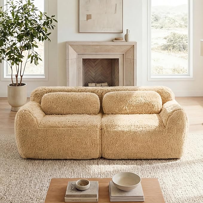 80.4-Inch Boneless Love Seat Couches in a Box, Modern 2 Seat Floor Modular Foam Cloud Sofa Faux Fur Loveseat Couch W/Angle Armrests for Home Apartments Bedroom