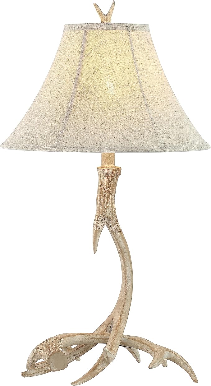 JONATHAN Y 27.5" Beige Antler Rustic Resin Table Lamp for Living Room Bedroom, Light Grey Linen Shade, Farmhouse Lodge Nightstand Lamp, LED Bulb Included (JYL6305B)
