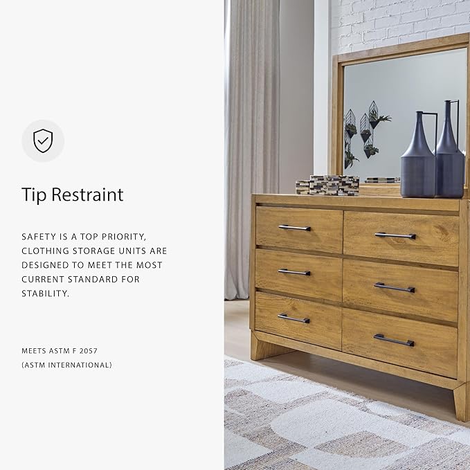 Signature Design by Ashley Sherbana Casual 6-Drawer Dresser and Mirror with Safety Stop and Felt-Lined Top Drawer, Light Brown