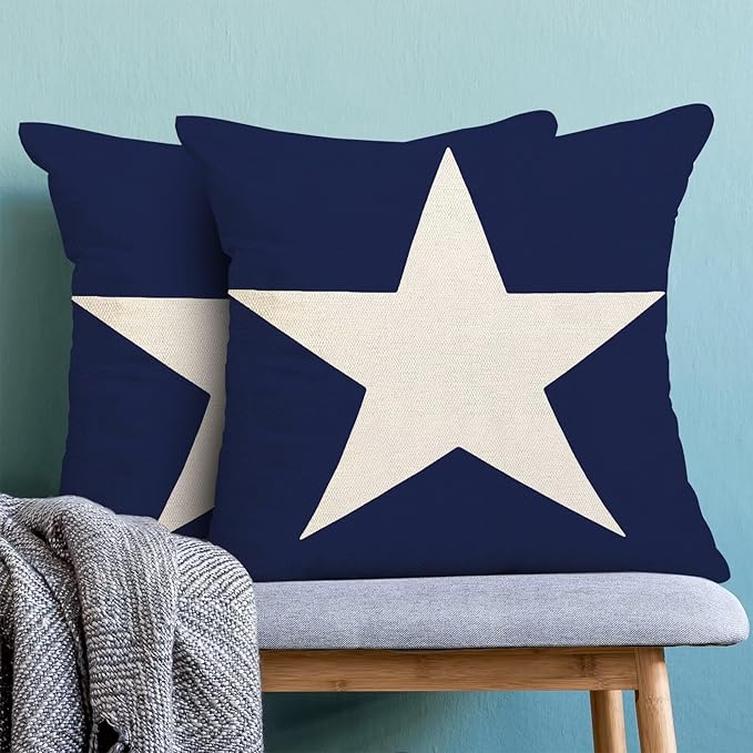 BETGINY 4th of July Pillow Covers 20x20 Inch Set of 2, Memorial Day Independence Day Blue Star Decorations Throw Pillow Covers Linen Farmhouse Patriotic Cushion Case for Couch Sofa Home Outdoor Decor