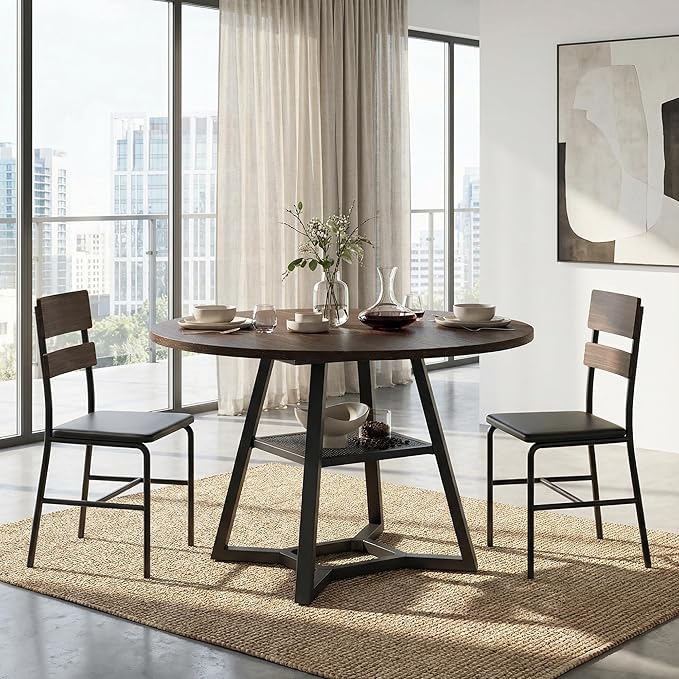 Round Dining Table for 4-6 with Storage Shelf, Kitchen & Dining Room Circle Pedestal Table, Heavy Duty Metal Frame & Wood Top