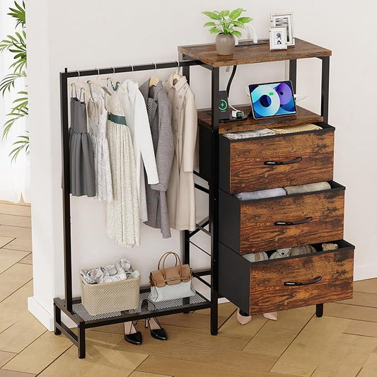 Dresser for Bedroom with Hanging Rack, 3 Drawers Closet with Charging Station, Faric Chest of Drawers with Clothes Rack, Storage Organzier for Hallway Entryway, Brown
