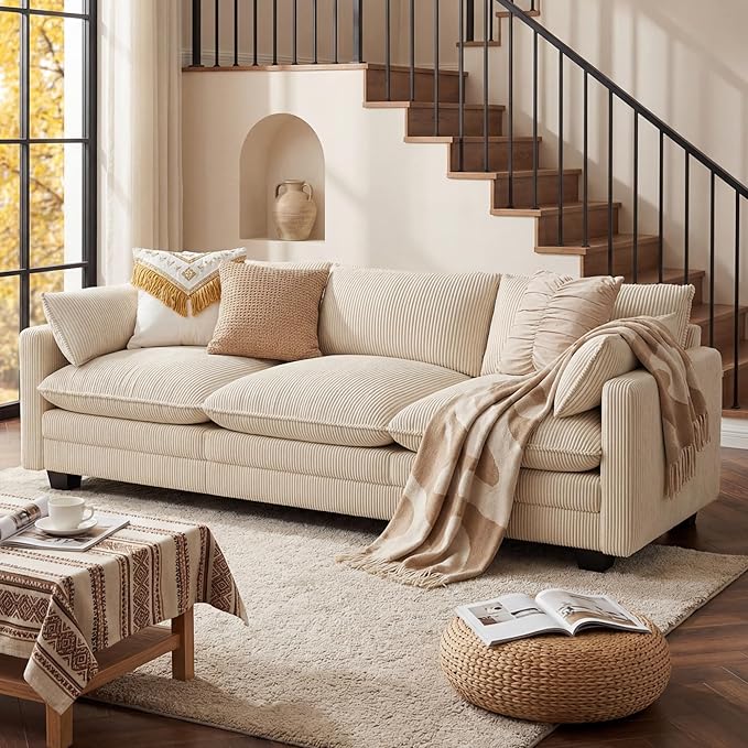 Gizoon 3 Seater Couches for Living Room, Cloud Sleeper Sofa with Double Cushion Corduroy Deep Seat Sofa Couches with 2 Pillows for Living Room Bedroom and Apartment,Pet-Friendly Fabric, Beige