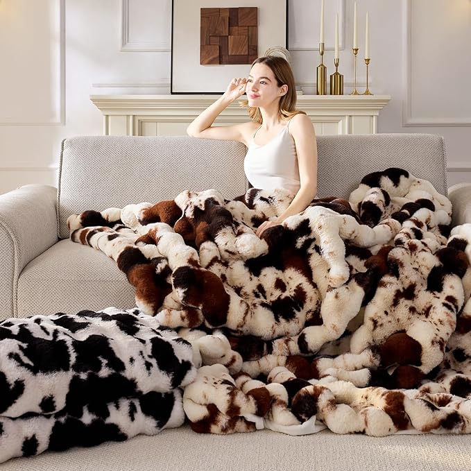 Faux Fur Throw Blanket, 1000GSM Fluffy Soft Bubble Blanket for Couch Bed, Cozy Plush Warm and Thick Blanket, Fuzzy Rabbit Throw for Living Room Bedroom 90''*104'' Cow Brown