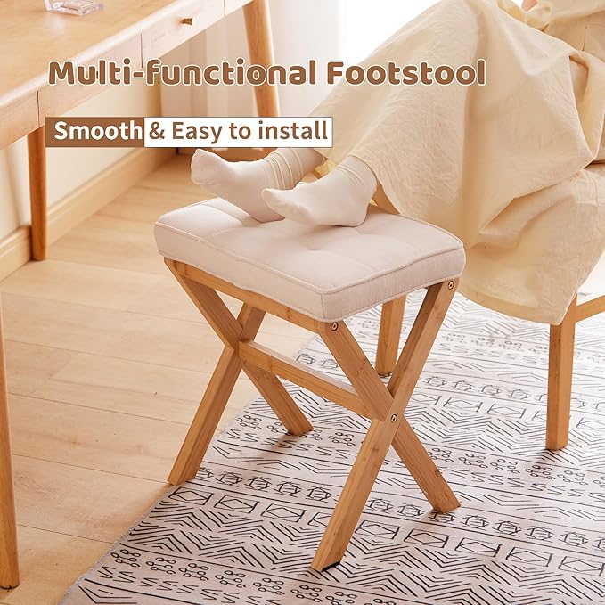 FILWH Foot Stool Small Ottoman Foot Rest Padded Foot Stool Desk for Under Office Desk Vanity Stool Bamboo Footstool Sofa Footrest Shoe Stool Small Foot Stools (Natural Legs + Beige)
