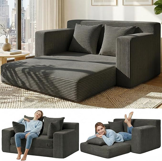 Convertible 5 in 1 Futon Sofa Bed Full Size, Corduroy Boneless Couch Sleeper Sofa with 4 Pillows, Foldable Pull Out Loveseat Floor Mattress for Living Room, Apartment, Small Space & Dorm