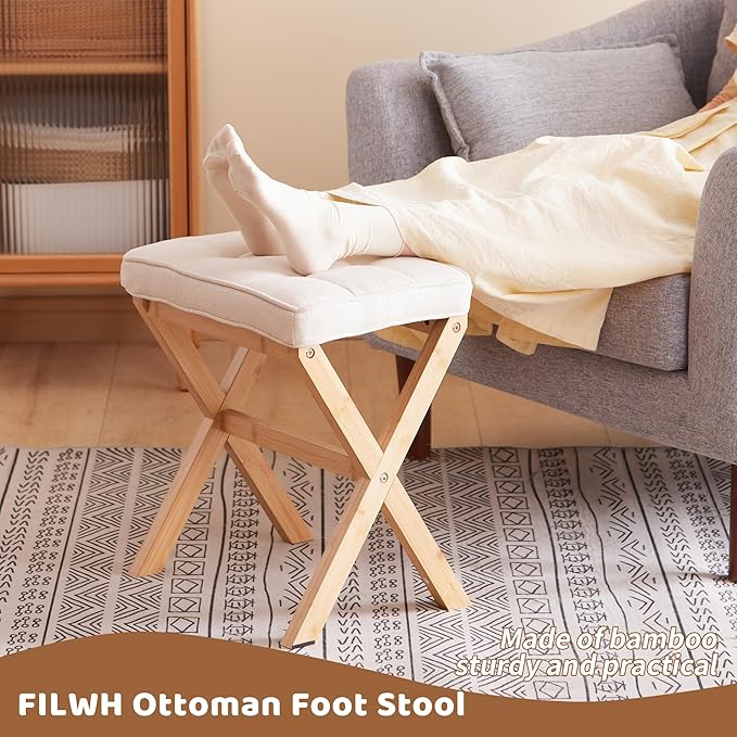 FILWH Foot Stool Small Ottoman Foot Rest Padded Foot Stool Desk for Under Office Desk Vanity Stool Bamboo Footstool Sofa Footrest Shoe Stool Small Foot Stools (Natural Legs + Beige)