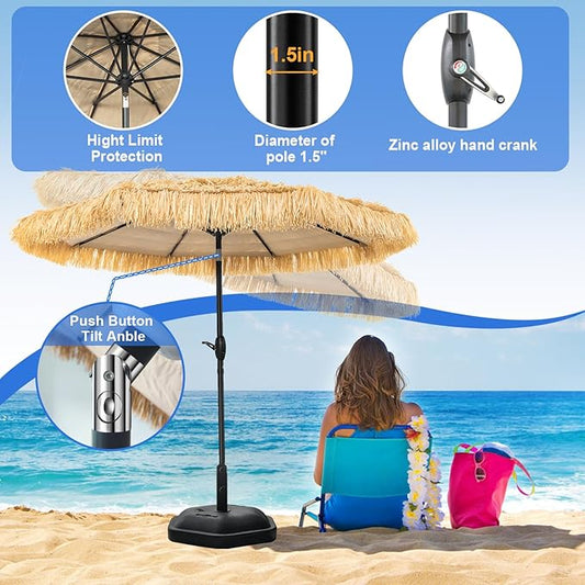 8FT Tiki Umbrella, Umbrella Outdoor Patio UV-Stability, Hawaiian Style Outdoor Umbrellas for Patio 8 large Ribs, Thatched umbrellas with Push Button Tilt and Crank Lift for Tiki Bar, Pool, Beach, Natural