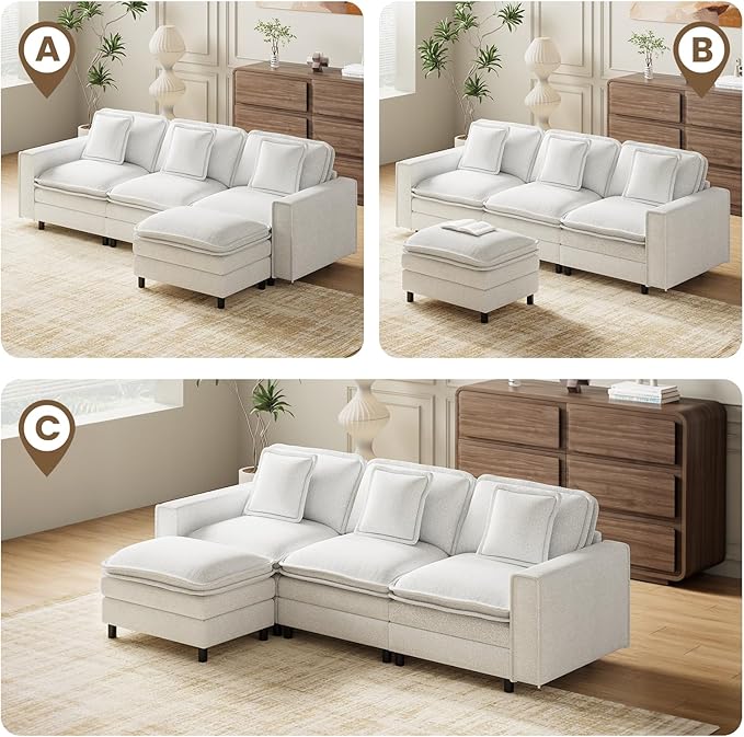 MALOL Modular Sectional Sofa 107", Comfy Cloud Couch with Ottoman, Deep 4-Seat L Shaped Modular Sofa, Couches with Throw Pillows for Living Room, Beige