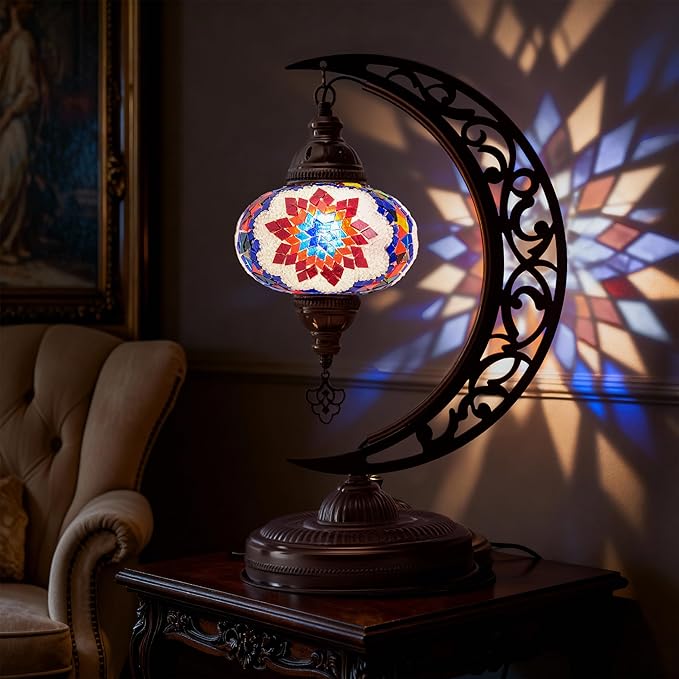 Mozaist Turkish Mosaic Crescent Shape Table Lamp, Moroccan Moon Boho Handmade Desk Light, Farmhouse Rustic Living Room Decorative Lighting, Bedside Nightstand with E12 Socket & US Plug (Multicolor)