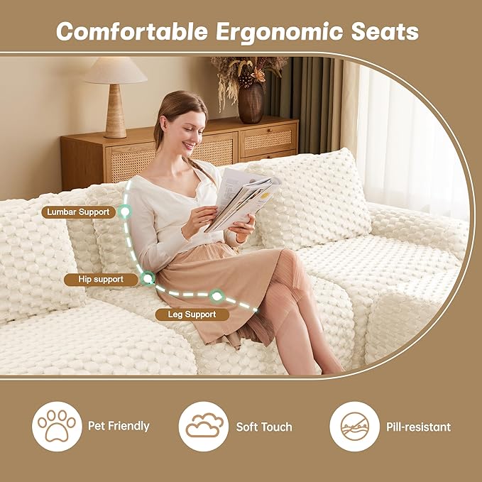 KEIKI 114" Oversized 3-Seater Boneless Couches for Living Room, Space Friendly Modular Sectional Velvet Sofa, Deep Seat Soft Lounge Couch No Assembly for Apartment Setup, Modern Comfort Design, Cream