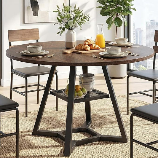 Round Dining Table for 4-6 with Storage Shelf, Kitchen & Dining Room Circle Pedestal Table, Heavy Duty Metal Frame & Wood Top