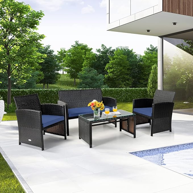 Tangkula 8 Pieces Rattan Furniture Set, Outdoor Conversation Set w/Chair & Loveseat & Tempered Glass Coffee Table, Suitable for Garden, Backyard, Poolside, Patio Furniture Set for 8 (2, Blue)
