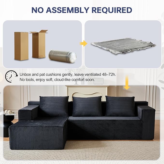 HonTop 103” L-Shaped Modular Sectional Sofa with Chaise, Boneless Comfy Corduroy Fluffy Couch with Deep Seat, Flexible Module Combination for Living Room, No Assembly, Black Left | Friendly Size, Flexible Modular, Family Pet-Friendly, Soft Corduroy, Su...