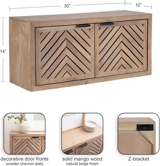 Kate and Laurel Mezzeta Decorative Two-Door Wall Cabinet; 30 x 10 x 14; Natural Wood; Decorative Modern Storage Cabinet for Use as Floating Nightstand or Floating TV Shelf