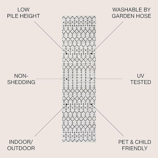 JONATHAN Y Moroccan Geometric Indoor Outdoor Runner Rug 2X10 Cream/Black, Ourika Textured Weave for Backyard, Patio, Porch, Easy-Cleaning, High Traffic, Pet-Friendly, Non-Shedding (SMB108I-210)